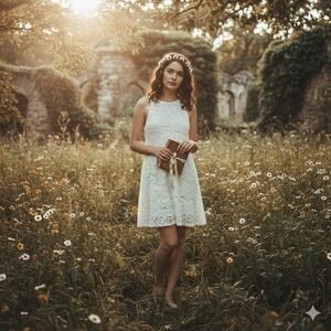 Ginger G Ivory Floral Lace Mini Dress Coquette Boho Fairycore S Cottage Core